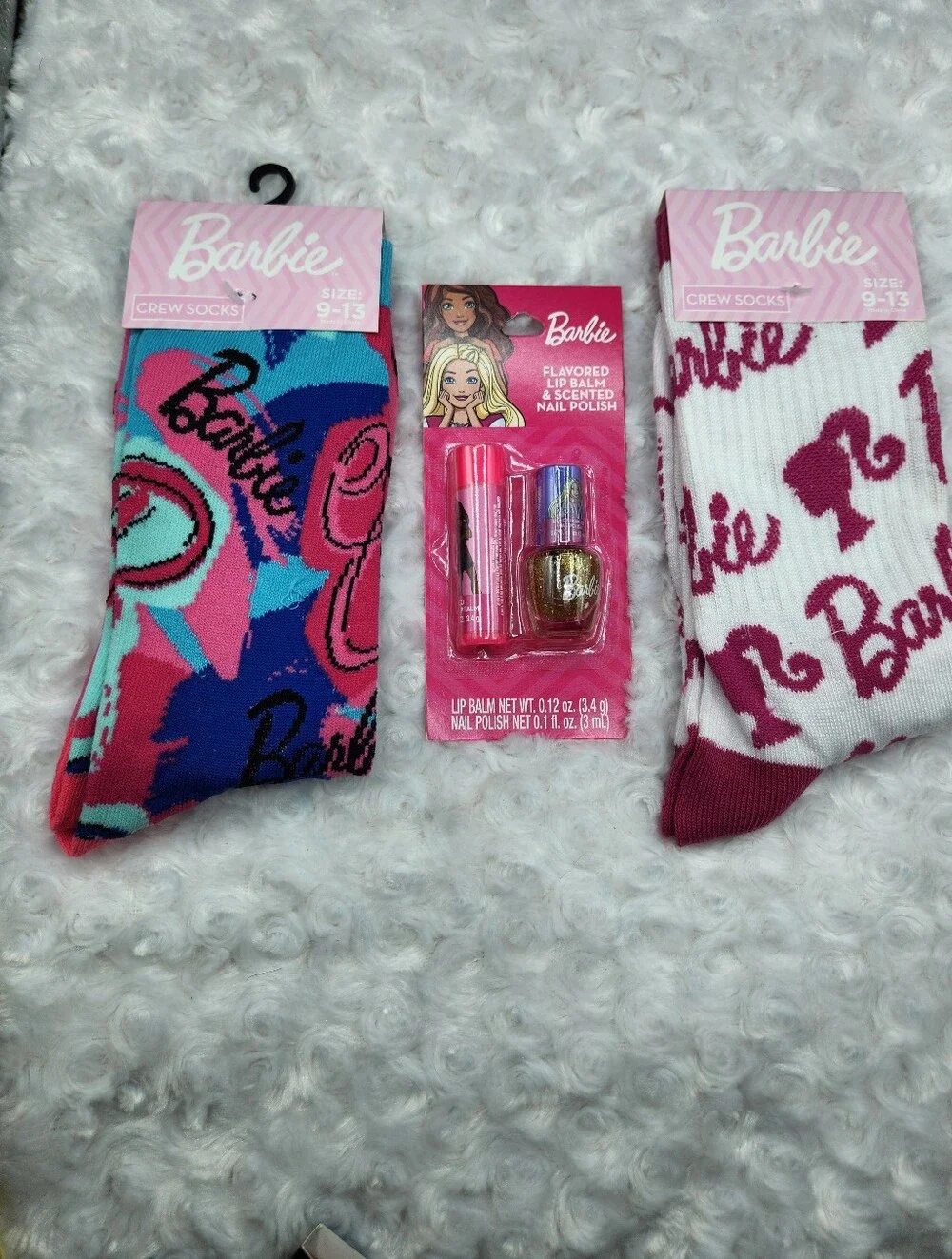 Barbie Pink & Multicolor Lip Balm + Nail Polish Gift Set with Crew Socks